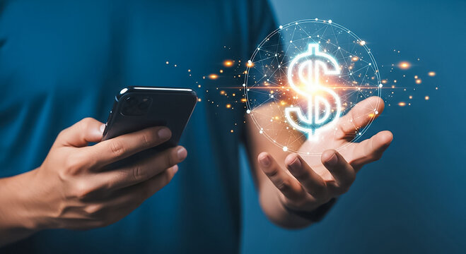 Digital Finance Hands holding shining dollar sign and smartphone banking cryptocurrency investment and online payments