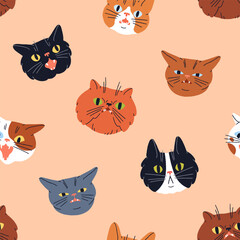 Cute funny cats, seamless animal pattern. Comic humorous feline heads with fun emotion, expression, endless background. Kitties, repeating print for textile, wrapping design. Flat vector illustration