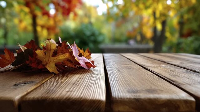 A close-up of colorful autumn leaves resting on the planks of a rustic wooden table with a blurred background of fall foliage