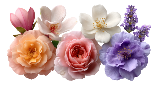 Beautiful Collection of Colorful Flowers Isolated on Transparent Background