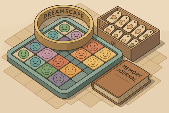 Colorful dreamscape puzzle with memory journal and wooden box