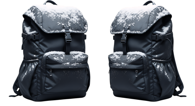 Durable and versatile dark backpacks designed for winter adventures, featuring a subtle snow effect, isolated on a clean transparent background