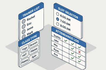 Schedule interface with trainer list and attendance log for yoga and pilates classes