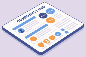 Illustrated community hub concept with user profiles and interactive elements