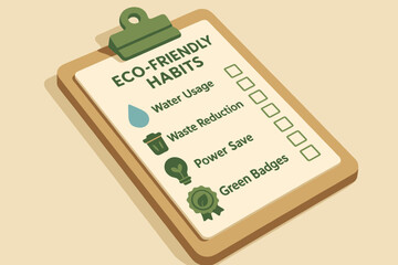 Eco-friendly habits checklist on clipboard: water usage, waste reduction, power save, green badges
