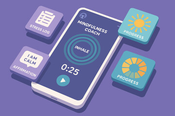 Mindfulness mobile app interface with breathing timer and progress tracking features