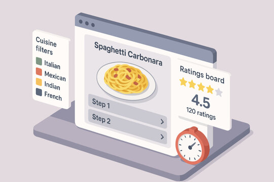 Online recipe interface displaying spaghetti carbonara with cuisine filters and ratings