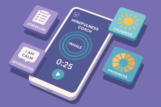 Mindfulness mobile app interface with breathing timer and progress tracking features