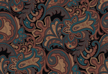 traditional Indian paisley seamless pattern on black background 