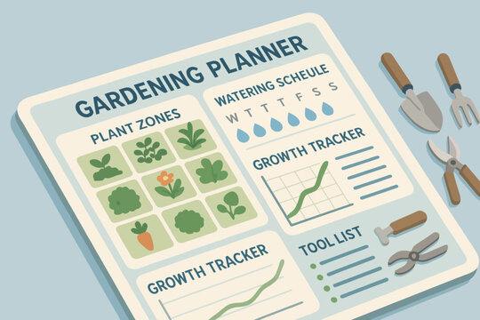 Gardening planner: plant zones, watering schedule, growth tracker, tool list