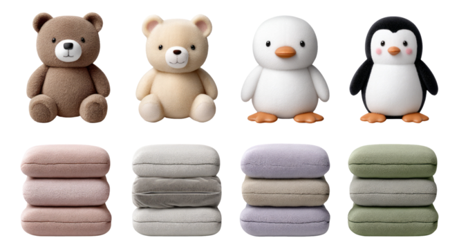 Cute Plush Toys and Soft Cushions Collection on Isolated Transparent Background