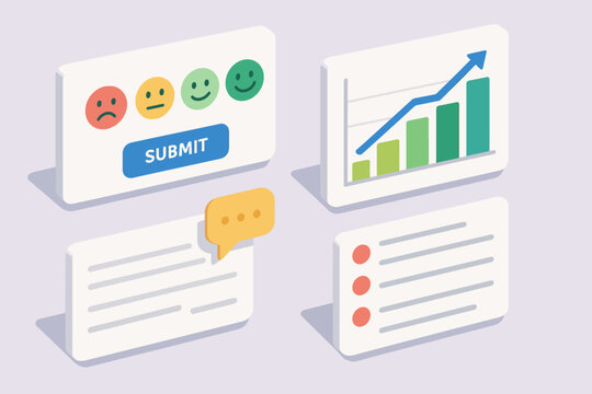 Graphic of feedback system with emoji ratings and data visualization