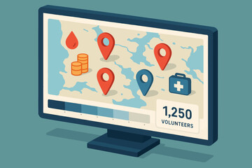 Digital volunteer management dashboard with health and location icons