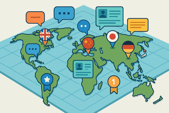 Global language exchange with speech bubbles and flags on world map