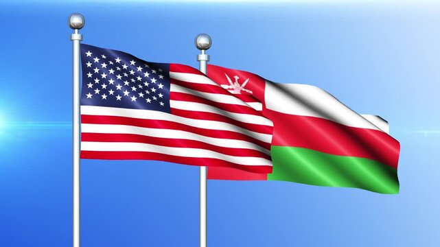 USA and Oman Flag Waving on Pole Loop