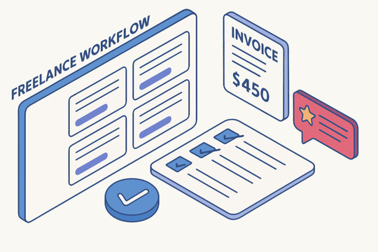 Isometric freelance workflow with invoice and task checklist