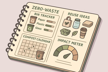 Zero-waste planner featuring bin tracker, compost calendar, reuse ideas and impact meter