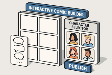 Interactive comic builder interface with character selector and publish options