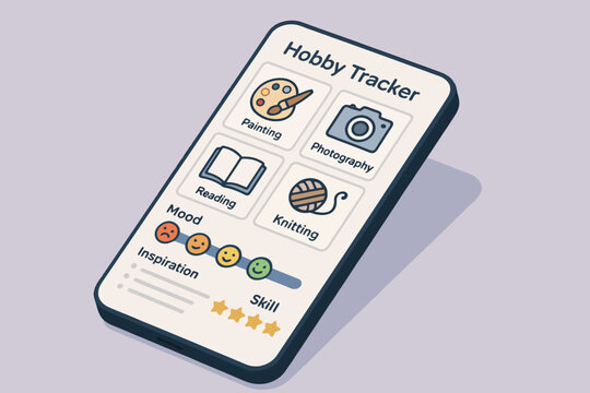 Hobby tracker app on smartphone displaying painting, photography, reading, knitting, and progress tracking