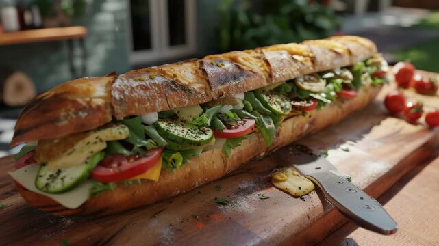 Large sub sandwich filled with fresh vegetables and cheese, ready for a picnic or party.