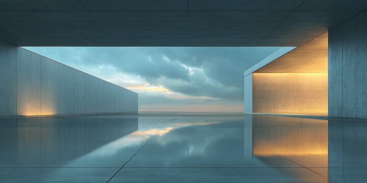 Empty modern architectural space with reflective floor and dramatic sky. - Powered by Adobe