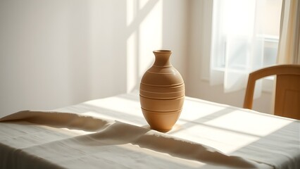 Natural light illuminates a simple, rustic ceramic vase on a linen-draped table, creating a serene and timeless composition