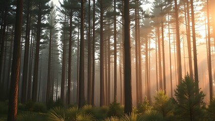 Sunlight Filters Through a Dense Forest of Tall Trees, Creating a Serene Atmosphere at Dawn