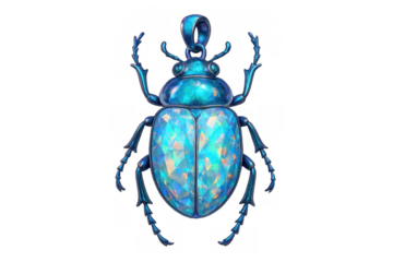 Scarab beetle pendant or charm in turquoise and blue colors, featuring a faceted opal gemstone body. Transparent background