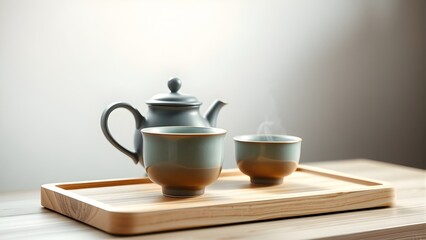 A close-up shot of a traditional teapot and cup on a wooden tray, evoking a sense of tranquility and cultural ritual