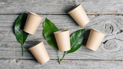 Eco-friendly disposable brown paper cups with green leaves on rustic wood, sustainable packaging concept