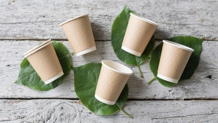 Eco-friendly kraft paper cups on green leaves, symbolizing sustainability and biodegradable packaging on wood.