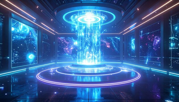 Futuristic VR chamber surrounded by holographic energy fields, radiant symbols, and refracted light creating a sense of digital enchantment