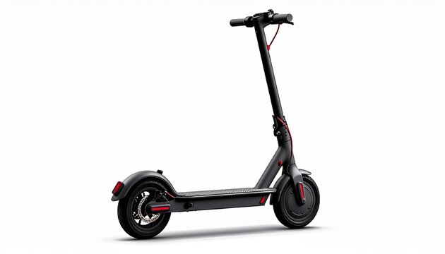 Modern black electric scooter with red accents, featuring upright handlebar, brake and throttle controls, contoured deck, and rear fender, set against a neutral background to highlight sleek urban mob