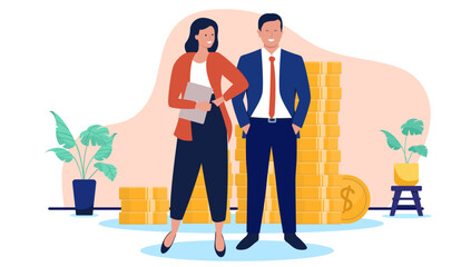 Smiling business man and woman making money standing together in front of piles of gold coins, symbolising financial success, wealth, and investment in a flat design vector illustration
