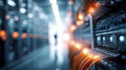 Brightly lit network cables and server racks in a modern data center.