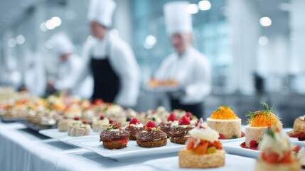 Professional chefs prepare and arrange exquisite desserts for a catering event.