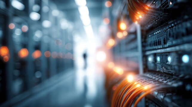 Brightly lit network cables and server racks in a modern data center.