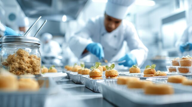 Professional chef meticulously preparing small appetizers or desserts in a busy kitchen.