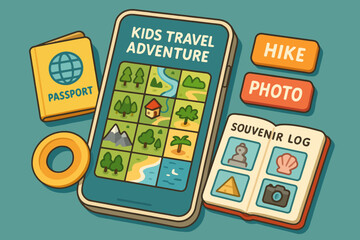 Kids travel adventure game with passport and souvenir log
