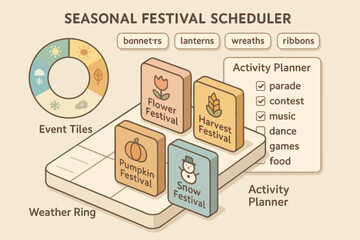 Seasonal festival scheduler with icons for flower, harvest, pumpkin, and snow events
