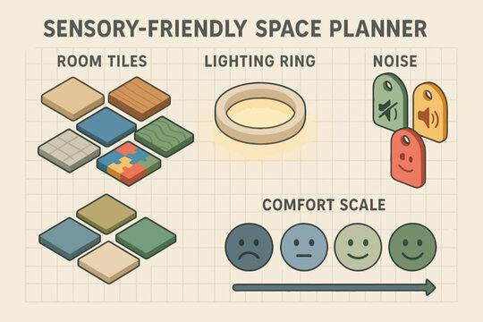 Sensory-friendly space planner with room, lighting, noise options and comfort scale