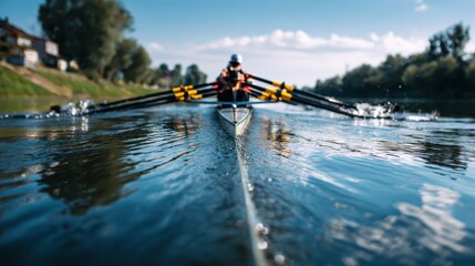 Rowers navigate a calm river during daytime, showcasing skill and teamwork in a scenic outdoor setting