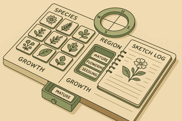 Botanical study kit with compass and sketch log for plant growth tracking