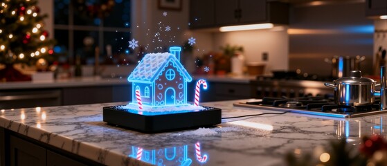 A glowing holographic gingerbread house on a modern kitchen counter at Christmas. Futuristic smart home decoration for the festive holiday season concept.