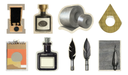 Vintage Objects Collection with Ink Bottles, Sketchpads, and Measuring Tools