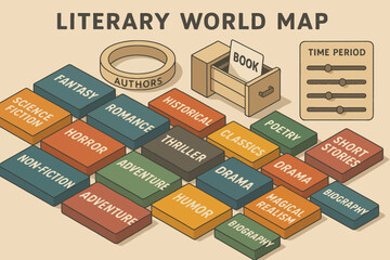 Literary world map with genres and authors highlighted