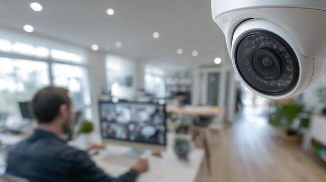 Close-up of a modern home security camera monitoring an office setting