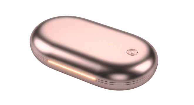 Sleek rose gold portable hand warmer and power bank with elegant design, providing comforting warmth and convenient charging on the goisolated on a clean transparent background