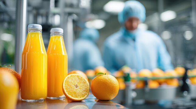 Fresh orange juice bottling process with whole and cut oranges