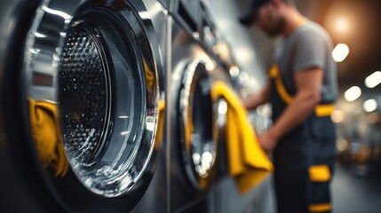 Professional technician servicing industrial washing machines in a modern commercial laundry.